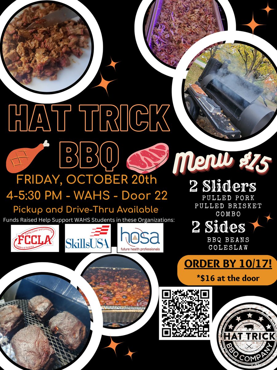 Support @WASkillsUSA, @WahsHosa, & @fcclawahs   student members by purchasing some #delicious #BBQ 🍴🥩during our @hat_bbq  #FundraiserFriday on 10/20 from 4-5:30 at Door 22 before the @WABlackhawkFB Senior Night at @WestAuroraHS! 
@WAactivities @sd129 @SkillsUSAIL @SkillsUSA