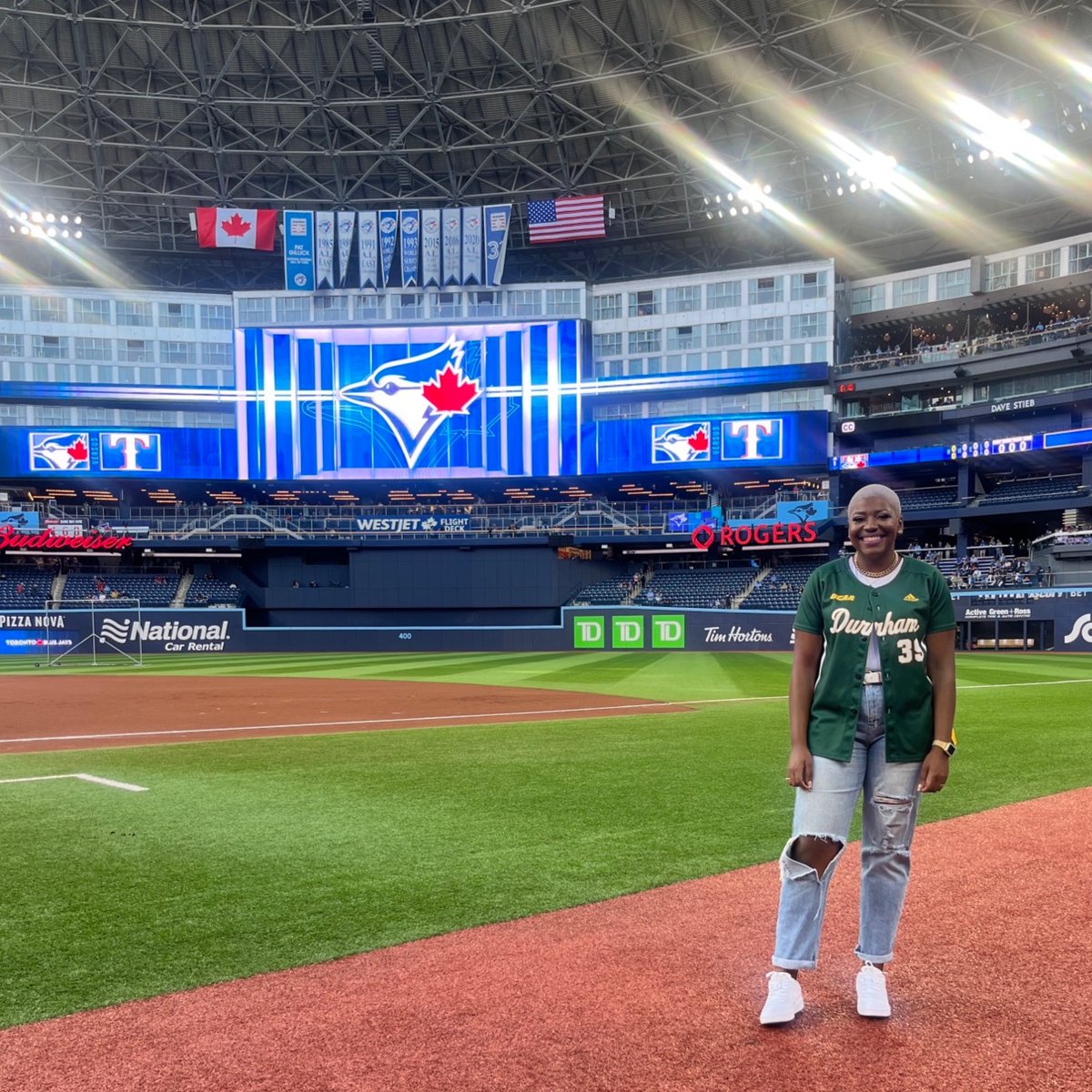 We're so #DCProud of Megan Bent, a DC student, @myDCSA executive chairwoman and @durhamlords rugby player, who threw out the first pitch at the @bluejays game last night!