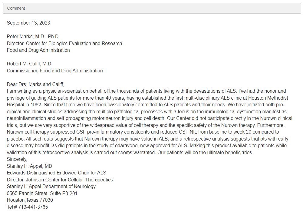 "Making this product available to patients while validation of this retrospective analysis is carried out seems warranted. Our patients will be the ultimate beneficiaries."

-Dr. Appel, one of the world's preeminent ALS researchers