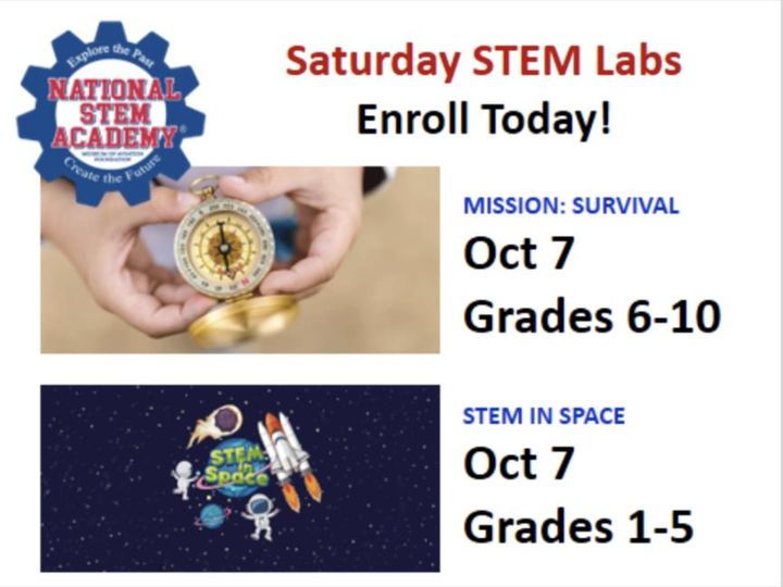 drmichelledavis's tweet photo. The National STEM Academy in Warner Robins, GA has two Saturday STEM Labs coming up!  Cost is $30 for each. 
October 7 (9am-12pm) Grades 6-10 "Survival STEM"
October 7 (9am-12pm) Grades 1-5 "STEM in Space"
https://t.co/ssL0VgmbV4 https://t.co/BH4acB8Fp7