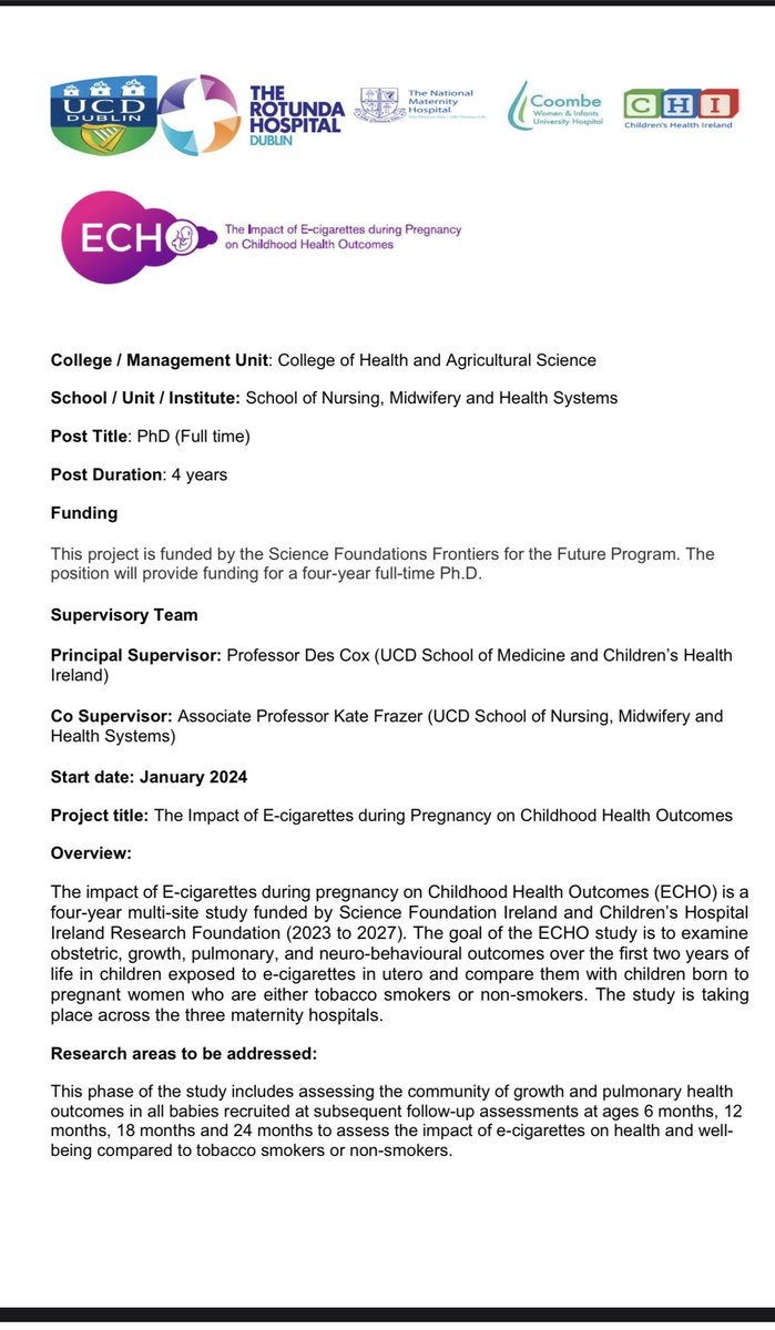 KateF224's tweet photo. FYI - Full time PhD scholarship nursing and midwifery opportunity - please share with networks.  @ucdsnmhs @ucddublin @UCDCHilD @Marybrosnan13 @OCO_ireland @CMRF_Crumlin @scienceirel @RCSIRotundaRes @CoombeHospital @_TheNMH https://t.co/iB8H2vgDeN