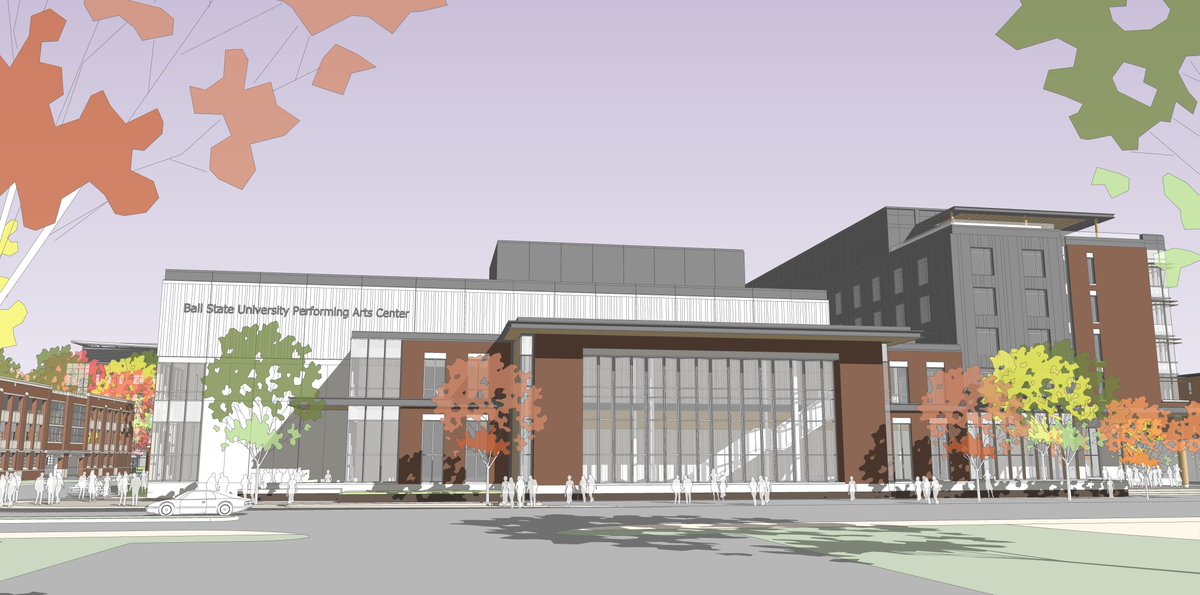 BallState's tweet photo. The Ball State Board of Trustees today reviewed detailed design plans for the University’s new Performing Arts Center.

This venue will connect to a select-service hotel, serving as the catalyst for the University’s revitalization plan for The Village:

https://t.co/gMWjE9AKXH https://t.co/4BmNqHHls7