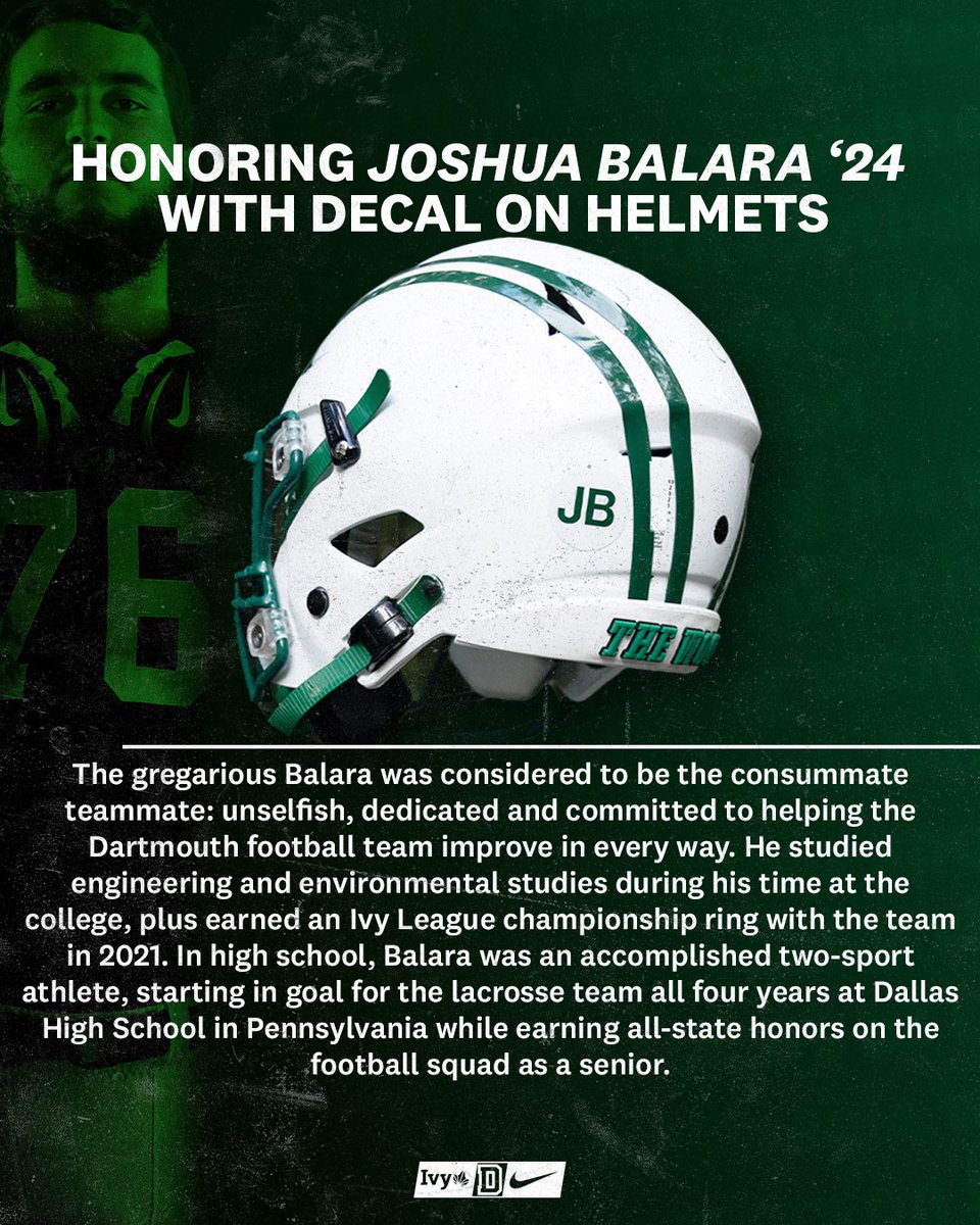 We are honoring our teammate, Josh Balara ’24, who passed away in March, by wearing a decal with his initials on our helmets this season. He was the consummate teammate: unselfish, dedicated and committed to improving the team in every way. His spirit lives on through all of us.