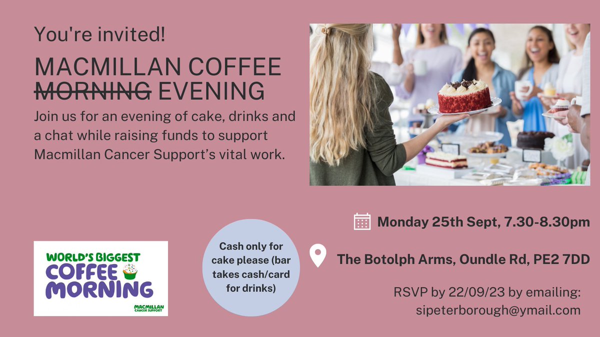 Drop into The Botolph Arms, grab a drink from the newly-reopened bar and enjoy some cakes with a friendly bunch of people! All this while raising money to support Macmillan Cancer Support’s vital work.

We hope you can make it! 😊
#peterboroughuk #macmillan #coffeemorning