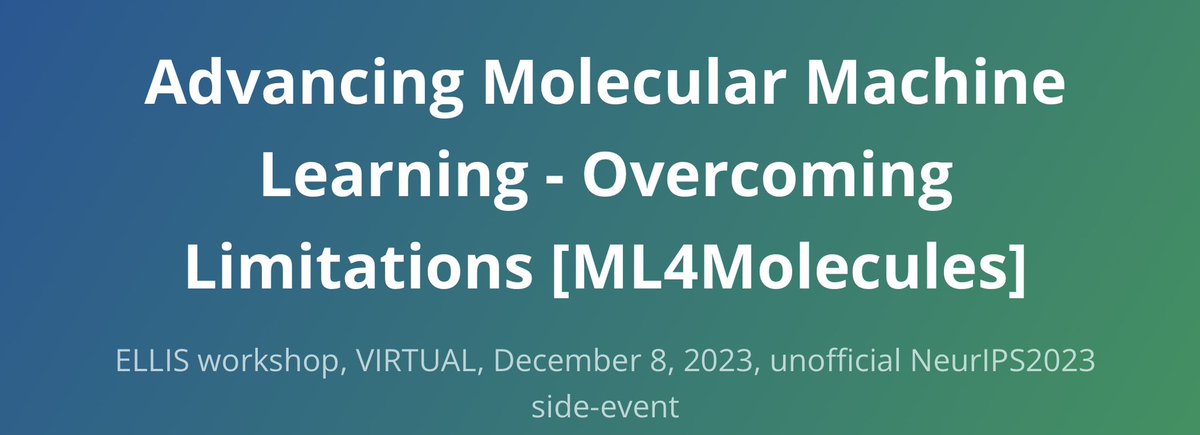 Francesca Grisoni (@fra_grisoni) on Twitter photo 📢 Very happy to announce the 2023 #ELLIS workshop on #ML for molecules!
It will explore many cool topics, e.g. large language models, explainable AI, generative deep learning, automation & more 🚀
👉moleculediscovery.github.io/workshop2023
w/ <a href="/pschwllr/">Philippe Schwaller (he/him)</a>, <a href="/MicheleCeriotti/">Michele Ceriotti</a> & Andrea Volkamer 💪🏻 📢 Very happy to announce the 2023 #ELLIS workshop on #ML for molecules!
It will explore many cool topics, e.g. large language models, explainable AI, generative deep learning, automation & more 🚀
👉moleculediscovery.github.io/workshop2023
w/ <a href="/pschwllr/">Philippe Schwaller (he/him)</a>, <a href="/MicheleCeriotti/">Michele Ceriotti</a> & Andrea Volkamer 💪🏻
