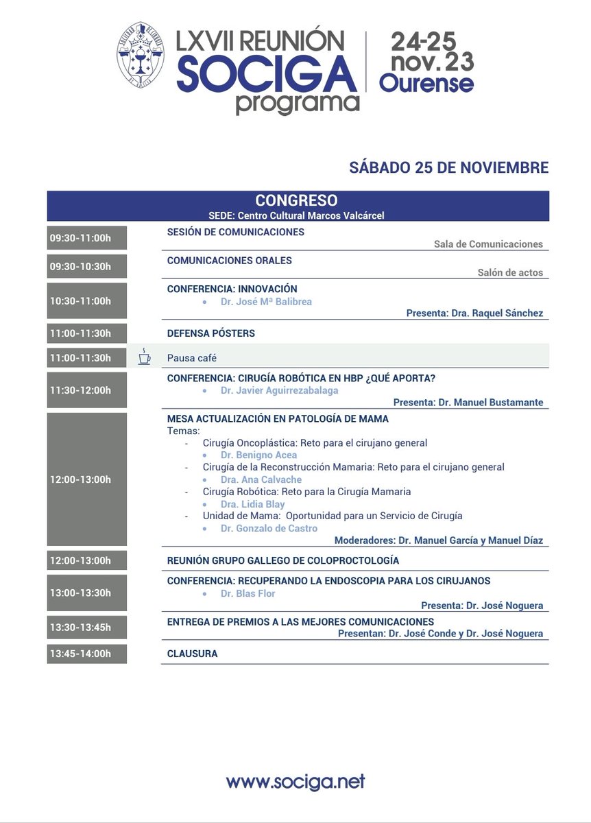 Servicio Cirugía CHUO (@cirugiachuo) on Twitter photo Lujo de ponentes en la LXVII Reunión de <a href="/SOCIGAL/">SOCIGA</a> que celebraremos en Ourense el 24-25 noviembre 🤩
‼️Inscripción abierta‼️👇🏻
sociga.net/inscripciones-…
<a href="/ireysimo/">Ignacio Rey Simó</a> <a href="/Villawolf26/">Rafael Villalobos PhD FEBS - AW</a> <a href="/AlbertoParajo/">Alberto Parajó</a> <a href="/flor_lorente/">Blas Flor Lorente</a> <a href="/BalibreaJose/">Jose M. Balibrea MD, PhD, FACS</a> <a href="/lidia_blay/">Lidia Blay MD, PhD</a> <a href="/pepenoguera3/">pepenoguera</a> <a href="/AecPared/">Seccion Pared AEC</a> <a href="/coloproctoaec/">Coloproctología-AEC</a> <a href="/aec_mama/">aec_Patologíamamaria</a> Lujo de ponentes en la LXVII Reunión de <a href="/SOCIGAL/">SOCIGA</a> que celebraremos en Ourense el 24-25 noviembre 🤩
‼️Inscripción abierta‼️👇🏻
sociga.net/inscripciones-…
<a href="/ireysimo/">Ignacio Rey Simó</a> <a href="/Villawolf26/">Rafael Villalobos PhD FEBS - AW</a> <a href="/AlbertoParajo/">Alberto Parajó</a> <a href="/flor_lorente/">Blas Flor Lorente</a> <a href="/BalibreaJose/">Jose M. Balibrea MD, PhD, FACS</a> <a href="/lidia_blay/">Lidia Blay MD, PhD</a> <a href="/pepenoguera3/">pepenoguera</a> <a href="/AecPared/">Seccion Pared AEC</a> <a href="/coloproctoaec/">Coloproctología-AEC</a> <a href="/aec_mama/">aec_Patologíamamaria</a>