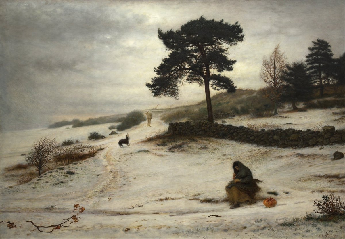 thejadesphinx's tweet photo. Wonderful, somber painting by John Everett Millais, Blow, Blow Thou Winter Wind.

Muted palette, open landscape, few figures create a mood of despair and loss. A magnificent picture.

#JohnEverettMillais #winter #winterwind #oilpainting #paintingoftheday #EuropeanArt #masterpiece https://t.co/FWCXYkU1mk