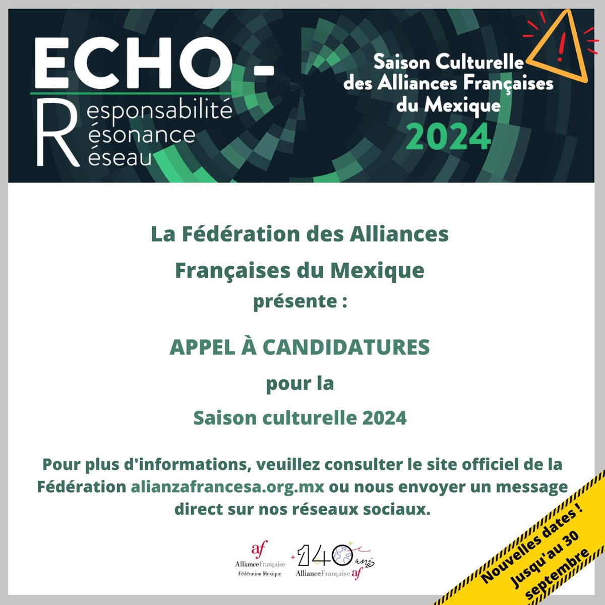 TEMPORADA CULTURAL 2024 
🚨¡Nuevas fechas! 
📣La Federación de Alianzas Francesas de México lanza su convocatoria para la Temporada cultural 2024. 
¿Te interesaría participar? 
🗓️ fecha límite  para  enviar propuestas: 30.09

 👉🏼Consulta las bases:
alianzafrancesa.org.mx