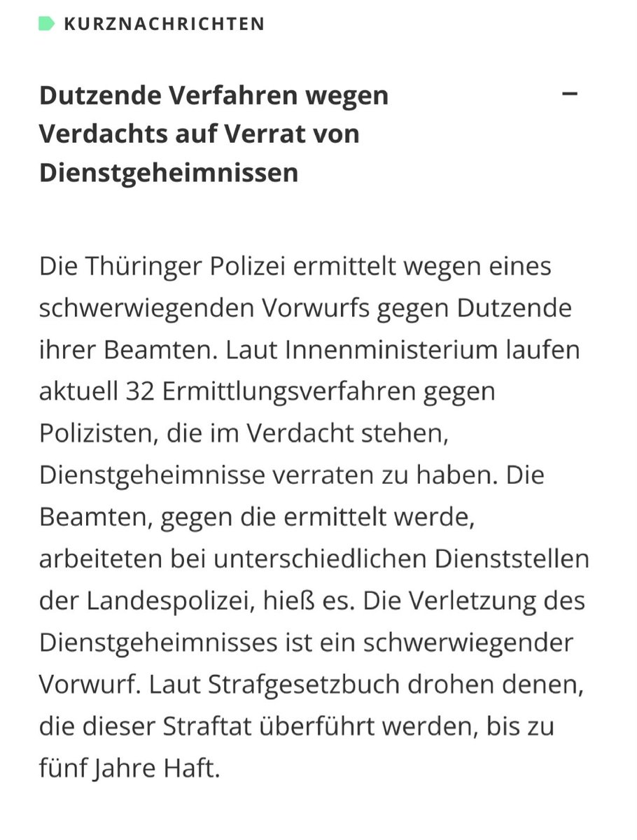Krimi0kommisar's tweet photo. Laut @mdr_th wird gegen 32 Beamte*innen der Polizei #Thüringen wegen des Verdachts ermittelt, Dienstgeheimnisse verraten zu haben.

Weiß jemand mehr zum Kontext? Was verbindet die Fälle? Gibt es Verbindungen ins Rechte oder Reichsbürgermilieu? https://t.co/tgzj3tjX8B