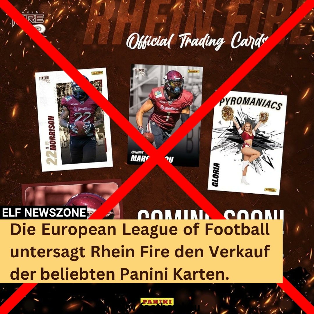 Die @ELF_Official untersagt @Rhein_Fire den Verkauf der eigenen Panini Karten. Eigentlich sollten die Karten den Fans am Sonntag auf der Powerparty angeboten werden. @PaniniVerlag wird es nicht freuen. #ELF2023