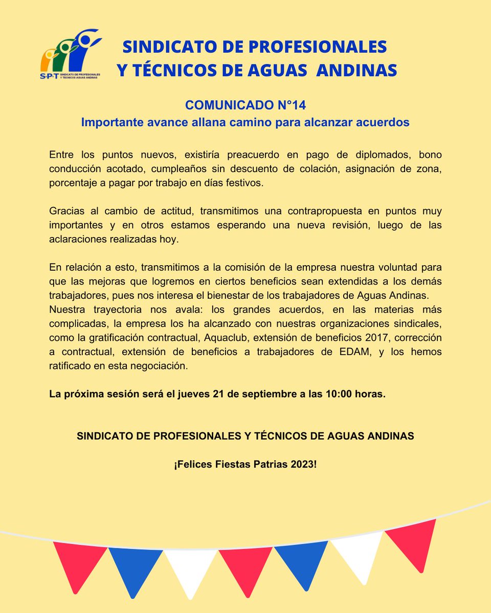#ATENCIÓN
📢Este viernes 15 de septiembre nos reunimos nuevamente con la empresa, y se logró un sustancial avance.
Para saber más detalles los invitamos a leer el comunicado que adjuntamos.
Y, antes que nada, ¡Felices Fiestas Patrias 2023!