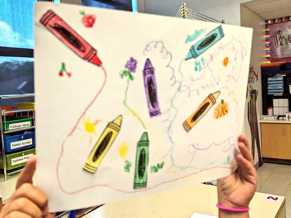 MrsVoigtArt's tweet photo. First grade artists listened to the story, "The Day the Crayons Quit." They put those crayons to work while practicing their artist lines and rainbow colors! #engageD64 #D64smiles #FabArtsFri #ArtsEd #thedaythecrayonsquit @D64News https://t.co/aBiRReM3UB
