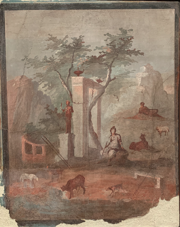 Lindsay_Powell's tweet photo. 'Paris on Mount Ida': a lovely wallpainting from the House of the Mosaic Atrium, Herculaneum; pigment on plaster; mid C1st AD. In the collections of @MANNapoli, 9508. Taken at @SAMAart's Roman Landscapes expo, May 2023. Photo is my own. 
#FrescoFriday #RomanArchaeology https://t.co/wllRgmRVac