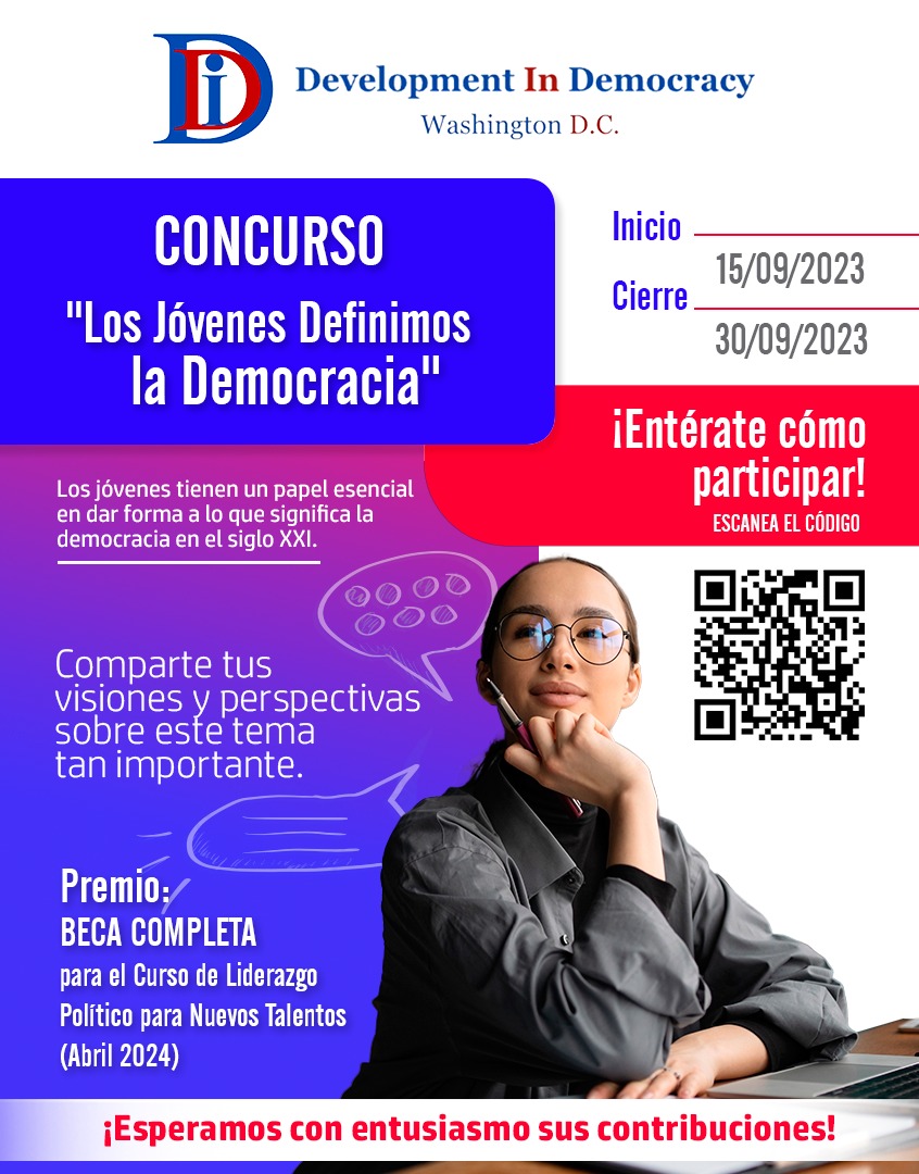 DIDdemocracia's tweet photo. Development in Democracy DID se complace en anunciar el concurso "Los Jóvenes Definimos la Democracia", en el que les invitamos a compartir sus visiones y perspectivas sobre este tema tan importante. Adjunto el promocional que detalla la información para su participación. https://t.co/734WeUnAAU
