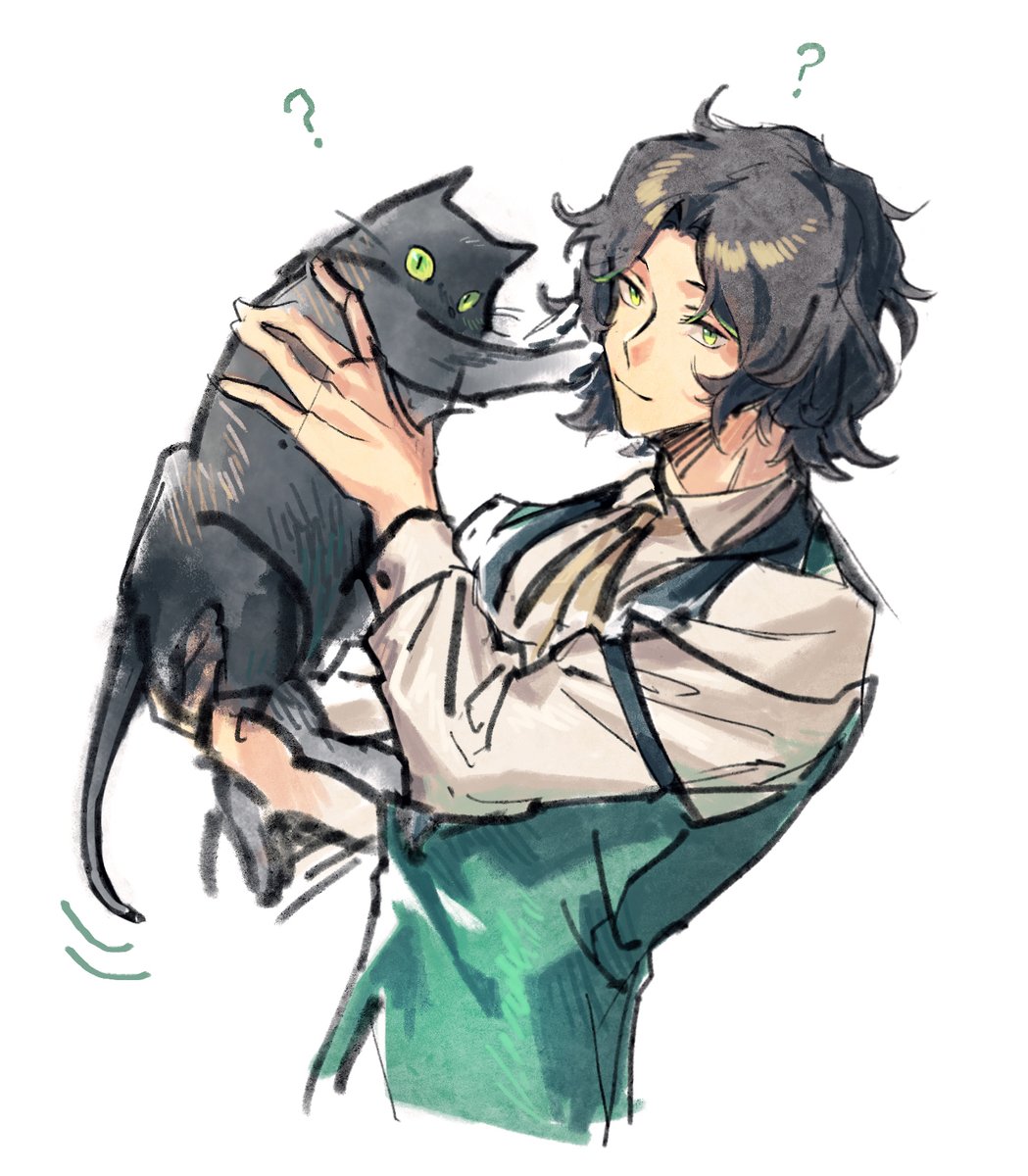 1boy holding green eyes male focus cat holding animal black hair  illustration images