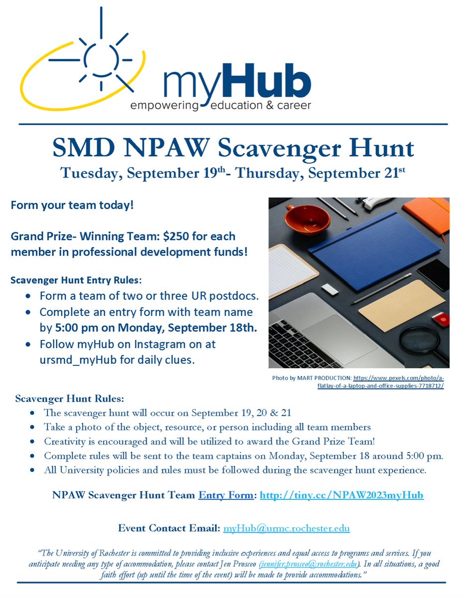UR_Postdocs's tweet photo. Join the #NPAW2023 scavenger hunt!
1. Team signup by Monday 9/18 5pm https://t.co/1xObC9BuDG
2. Follow @ursmd_myHub on instagram for daily clues
3. Take a photo of the item/person described and your team
4. Win $250 each for professional development
#URpostdocs https://t.co/KXT8bgt8lU
