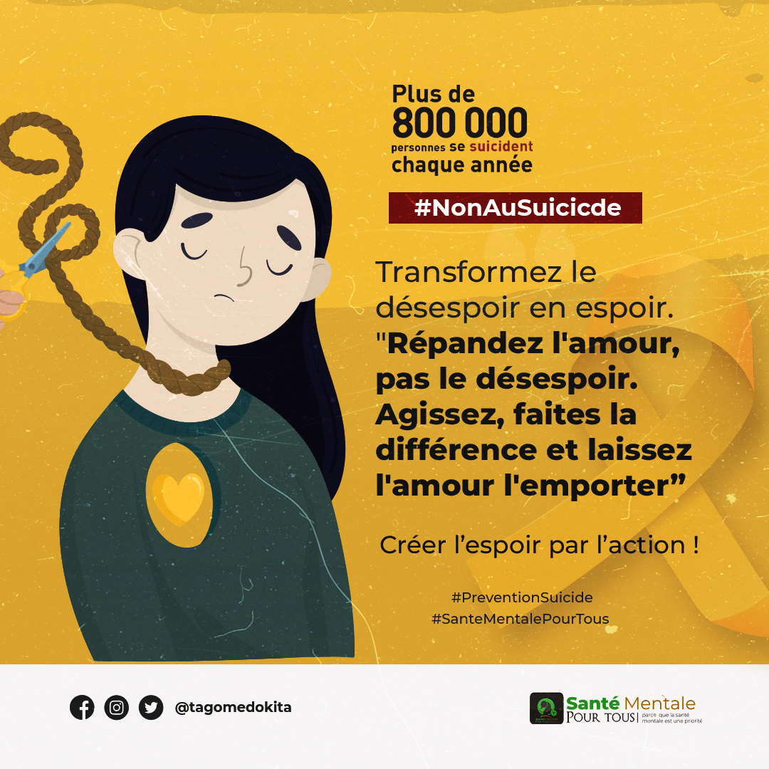 Plus de 800 000 pers. mettent fin à leur vie par suicide chaque année. En agissant ensemble pour répandre l'amour et l'espoir, nous pouvons faire une différence significative dans la vie des personnes en détresse et contribuer à sauver des vies.
#PréventionSuicide #AgirPourLaVie