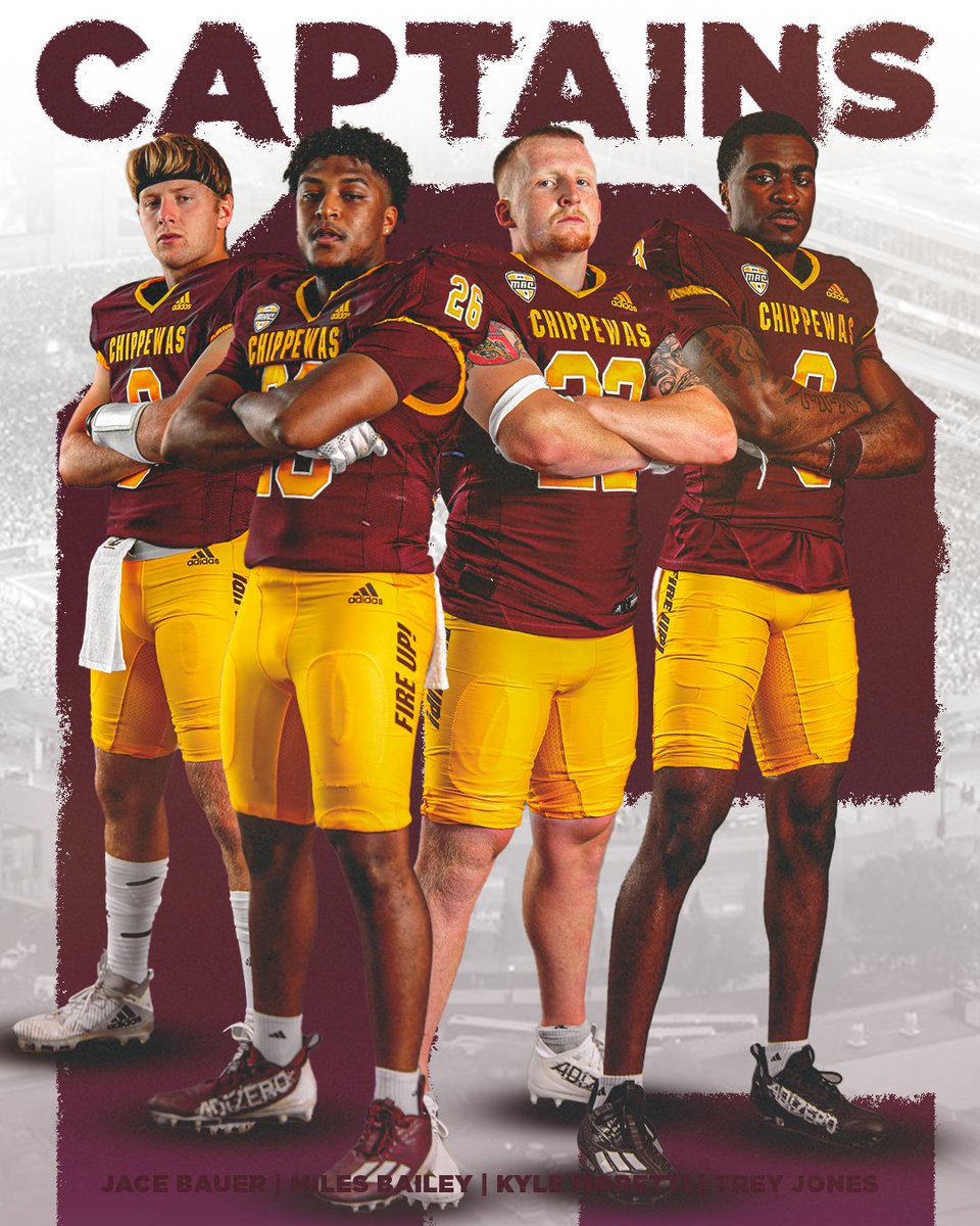 CMU_Football's tweet photo. ⚡️ 𝙏𝙊𝙈𝙊𝙍𝙍𝙊𝙒'𝙎 𝘾𝘼𝙋𝙏𝘼𝙄𝙉𝙎 ...

✔️ QB @JaseBauer
✔️ RB @_mbaileyy2
✔️ LB Kyle Moretti
✔️ DB @_STJIII

#FireUpChips 🔥🆙🏈 https://t.co/vOOR2CpdqV