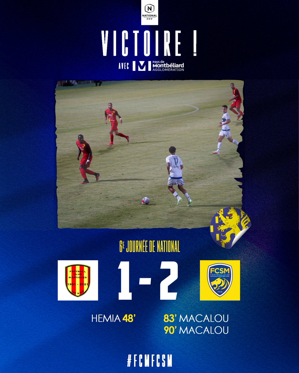 FCSM_officiel's tweet photo. 🔚😍 𝐕𝐈𝐂𝐓𝐎𝐈𝐑𝐄𝐄𝐄𝐄 !!!

👊 Dans un match très plaisant, les Sochaliens s'imposent à Martigues après avoir renversé la vapeur en moins de 10 minutes grâce à un doublé d'Issouf Macalou ! 

1⃣-2⃣ #FCMFCSM https://t.co/FVgUoz3afx