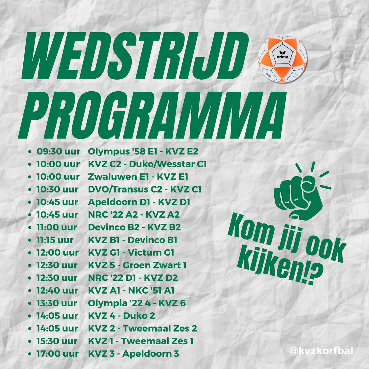 🟢 M A T C H D A Y 🟢

Na de wedstrijd van KVZ 2 tegen Tweemaal Zes 2 (start om 14.05), speelt KVZ 1 om 15.30 uur tegen Tweemaal Zes 1.

Na de wedstrijd serveert het bestuur een heerlijke daghap! Zien we jou dan ook op het veld? 📣💪

#matchday #wedstrijdprogramma #kvzkorfbal