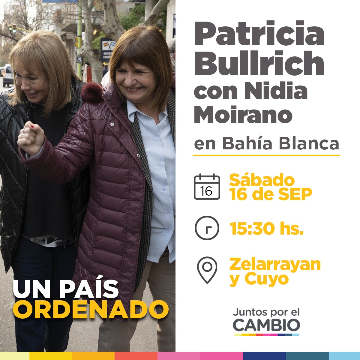Esta es la oportunidad para que hablemos de los valores que defendemos y cómo estamos dispuestos a luchar para que el orden llegue a cada rincón del país.

Mañana sábado 16 de septiembre te esperamos con <a href="/PatoBullrich/">Patricia Bullrich</a> a las 15:30 hs en Zelarrayán y Cuyo.

Vamos por la Argentina!