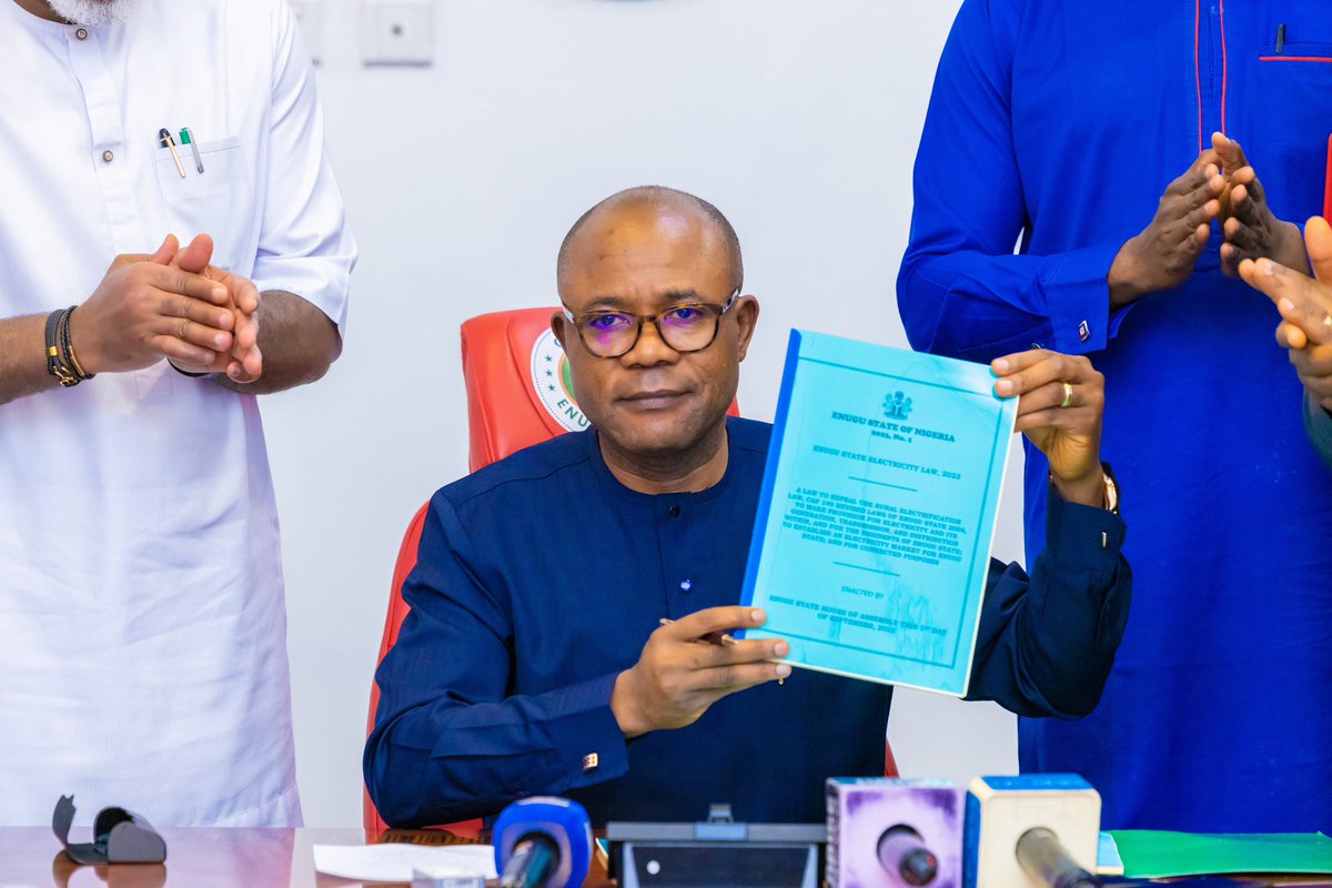 PNMbah's tweet photo. Today, I signed into law, the Enugu State Electricity Bill. This is a major step towards the growth of our economy and making our state the ideal destination for investment, business, tourism, and living.

Since electricity is now on the concurrent list, this Law will enable us to play in all the value chain of the electricity industry.

It will ensure that Enugu State has her own electricity market, to be able to function in the generation, transmission, and distribution segments of the market, because without regular power supply, industry or private sector investment would not thrive.

My administration's goal to grow Enugu State’s economy from $4.4 billion to $30 billion would translate to a pipe dream without adequate and stable power supply, hence the need for the Electricity Law.

I therefore commend the leadership and members of the House of Assembly for the expeditious passage of the Bill, and for their partnership with my government for the good of Enugu State.

Tomorrow is here.