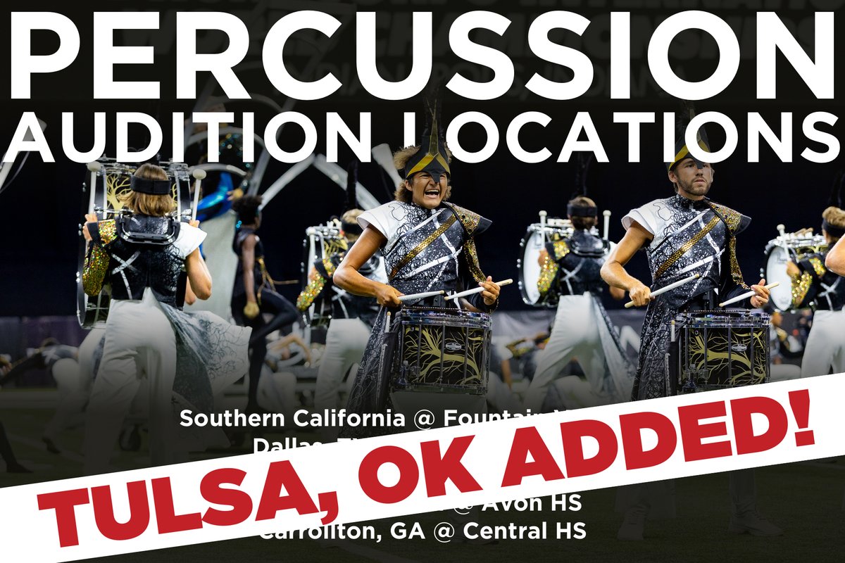 Tulsa has just been added to the list of percussion audition sites! This will be for battery only and take place on October 29th at Owasso HS. Learn more, register, and start preparing now at regiment.org/programs/drum-…