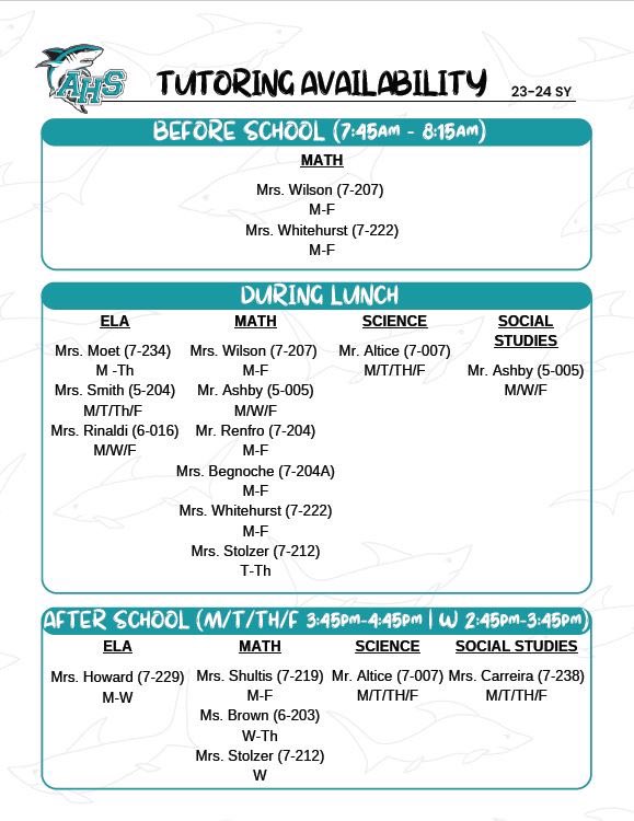 Sharks - Tutoring starts next week. You can go to any teacher on this list for help. 🙌🏻🦈🙌🏻 #SharksAllDayEveryDay