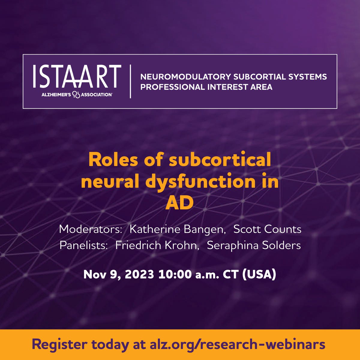 Hi friends - I'll be discussing some work from my dissertation on locus coeruleus tractography and connection with AD risk during the ISTAART Cognition/NSS PIA webinar on November 9! You can register to tune in on zoom at alz.org/research-webin…