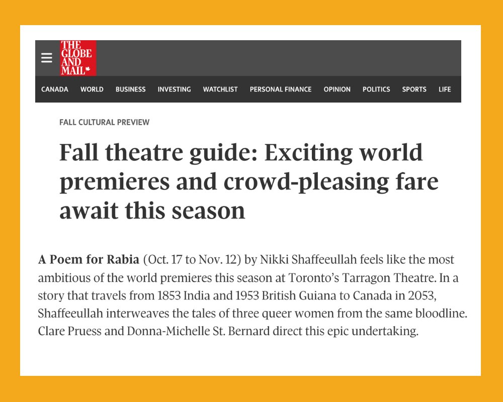 "The most ambitious of the world premieres" - <a href="/globeandmail/">The Globe and Mail</a> 

 A Poem for Rabia opens October 17! 

<a href="/tarragontheatre/">Tarragon Theatre</a> 
<a href="/nightwoodtheat/">Nightwood Theatre</a> 
Undercurrent Creations