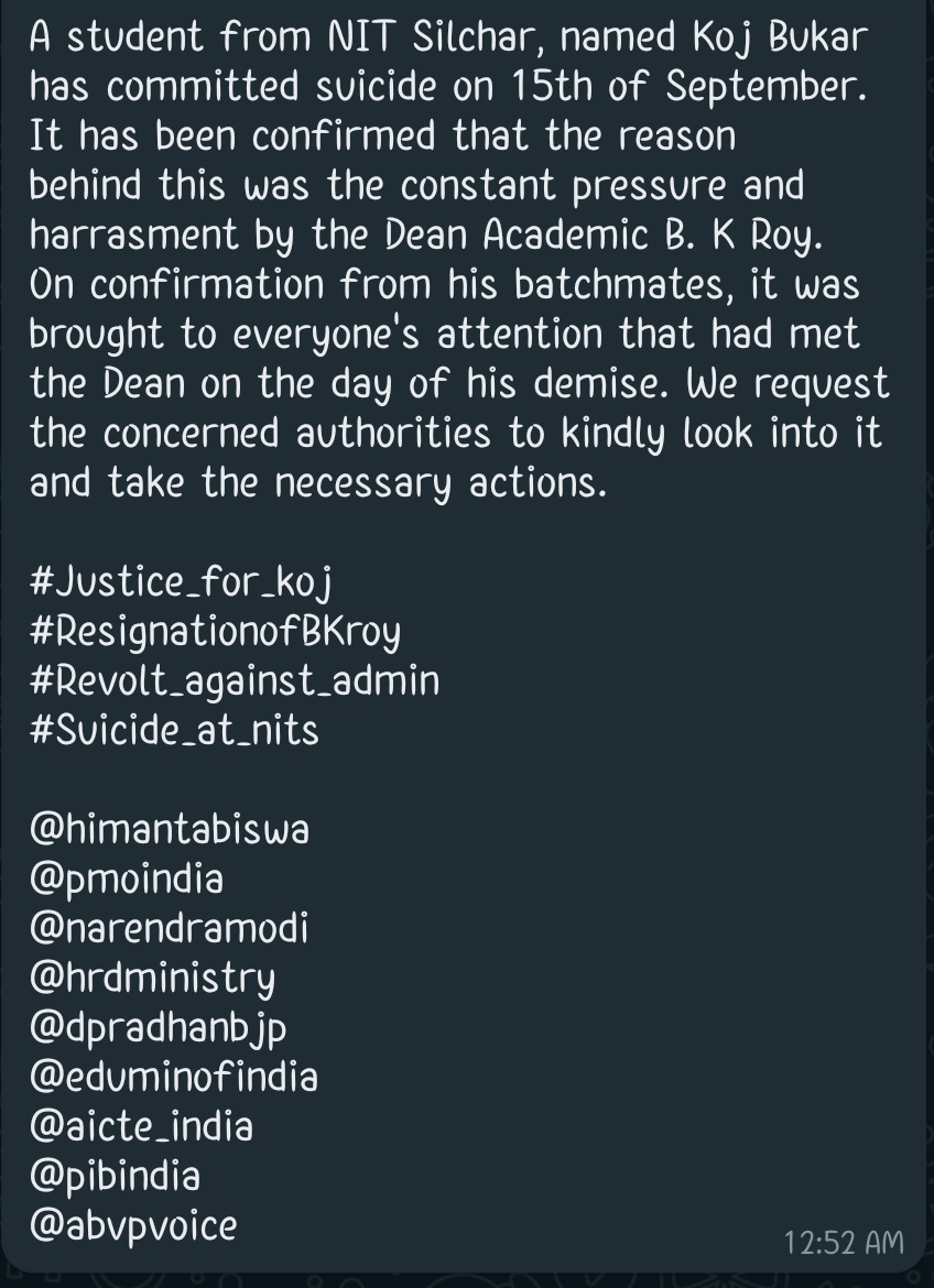 AnujDas_AD's tweet photo. A student from NIT Silchar, named Koj Bukar has committed suicide on 15th of September

#Justice_for_koj
#ResignationofBKroy
#Revolt_against_admin
#Suicide_at_nits

@himantabiswa
@pmoindia
@narendramodi
@hrdministry
@dpradhanbjp
@eduminofindia
@aicte_india
@pibindia
@abvpvoice https://t.co/bILP9wMGUK