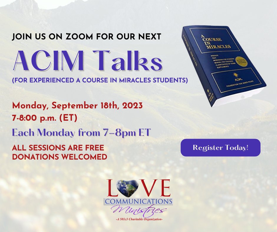 LoveComm's tweet image. Are you ready to delve into the profound teachings of A Course In Miracles (ACIM) in a warm, open, and supportive environment? Join our FREE discussion group specially designed for experienced ACIM students.

 Register here: conta.cc/3zNITZM
#ACIM #ACourseInMiracles