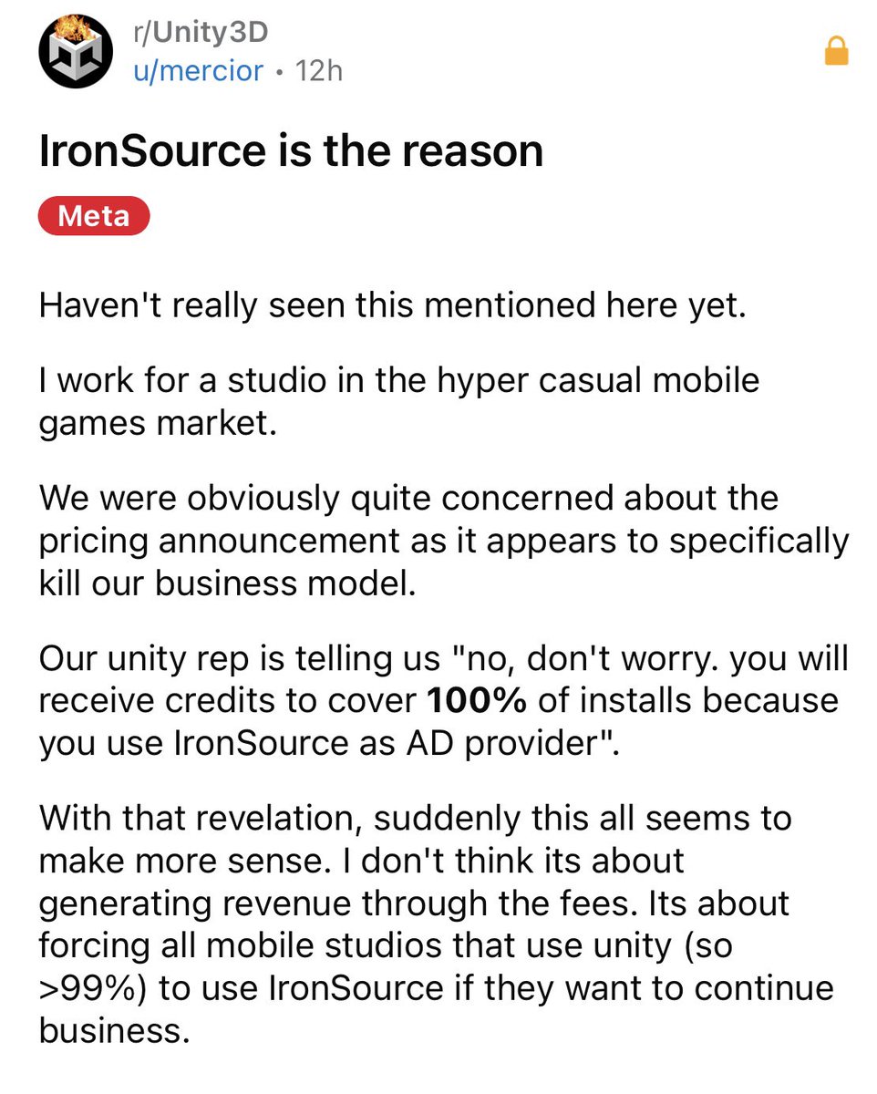 protopop's tweet image. The more I read about Unity and IronSource, the more it's sounds like IronSource plays a large part in Unity's runtime fee decision.
reddit.com/r/Unity3D/comm…