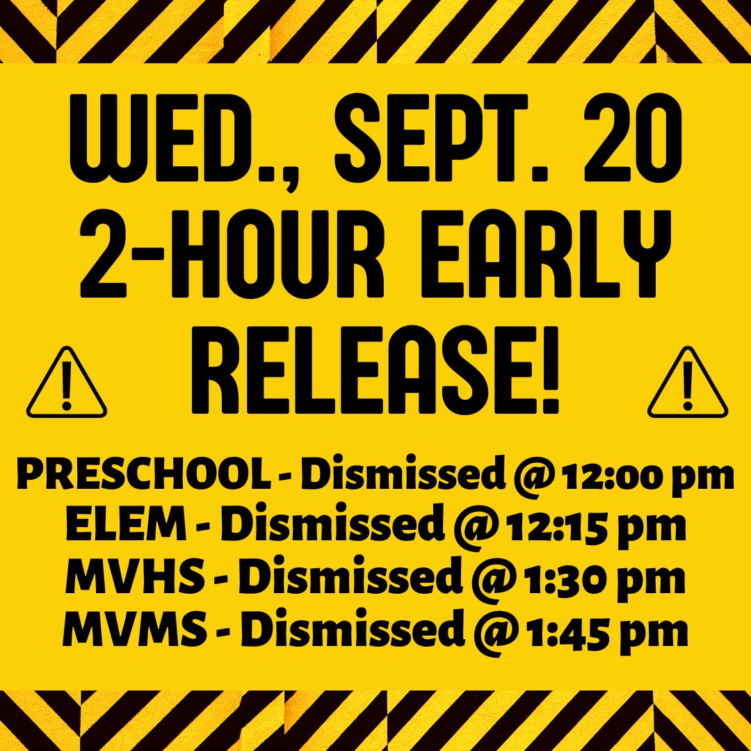 Just a friendly reminder, on Wednesday, September 20, MVCSC will have a 2-hour early release per our academic calendar.