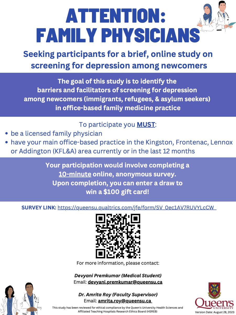 ATTN: #FamilyPhysicians in the KFLA are invited to participate in this research led by myself, supervised by Dr. Amrita Roy, faculty at @QueensuFamMed @CSPC_QueensU!  

Survey LINK: queensu.qualtrics.com/jfe/form/SV_0e…

Your participation is greatly appreciated!