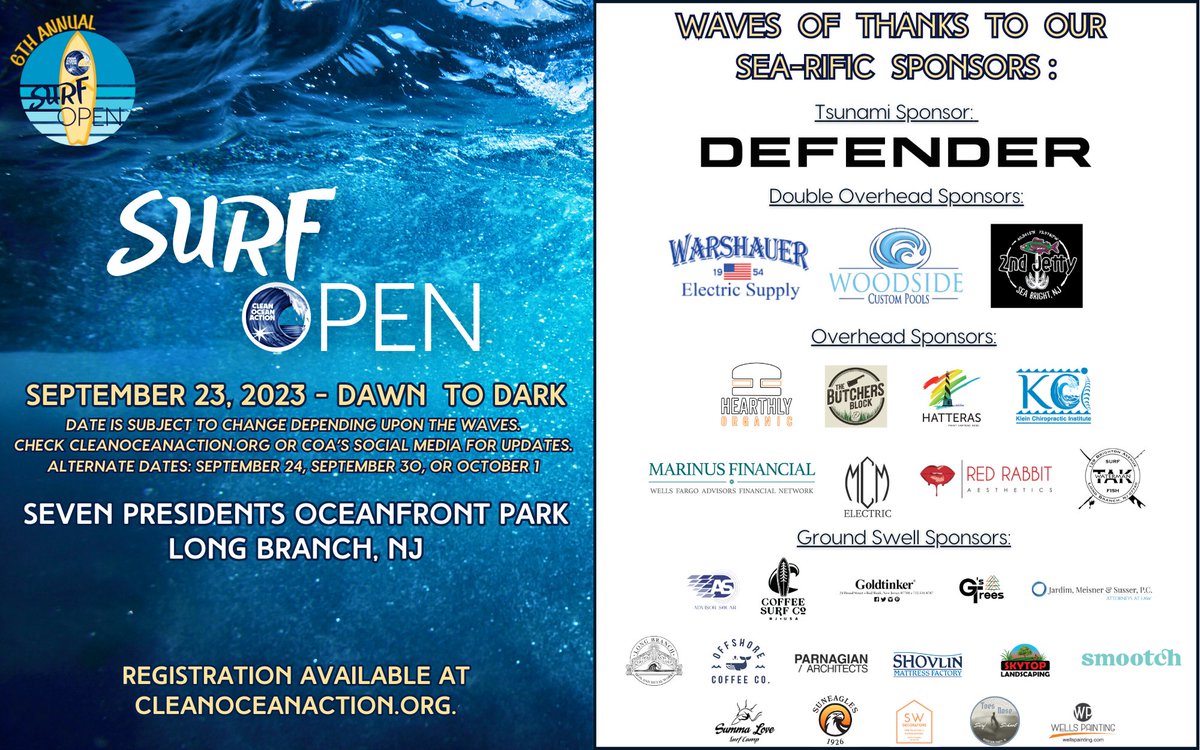 8 DAYS 'TIL SURF OPEN - REGISTRATION STILL AVAILABLE 

Celebrate the ocean as we send off the summer with a SWELL surfing event! Surfers and spectators are welcome with fun in the sun eco-friendly activities for kids available!

Learn More &amp; Register Here: cleanoceanaction.org/surf