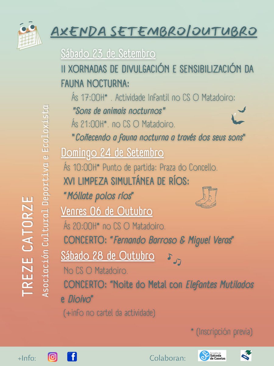 🔊🔊Atención atención!! Xa temos aquí a programación de SETEMBRO/OUTUBRO 🍂 Ide quedando cas datas e as actividades que vos propoñemos estes dous meses. En breve lanzaremos os  carteis!!💥

Co outono voltamos todxs a trezecatorzear!🍁🙌