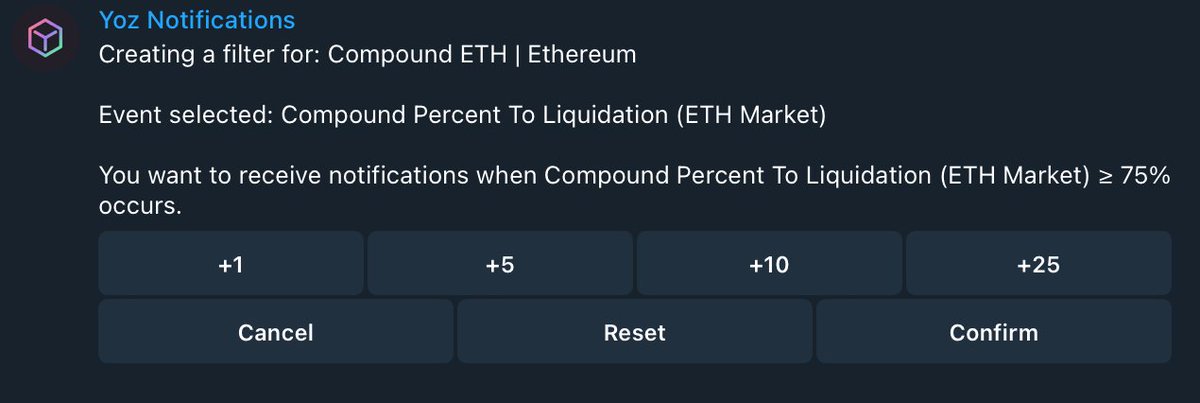 yozlabs's tweet photo. New Feature Alert: Custom Filters for @compoundfinance v3 Liquidation Telegram Notifications for USDC & ETH are LIVE! 🔥

Avoid unwanted liquidations. Get updates that keep you better informed and in control of your assets. Now set your OWN custom liquidation threshold % in Telegram for your specific loan address.

Subscribe here: https://t.co/FqDY2LRi65 https://t.co/Y5mPpgn0nl

To enable:

1️⃣ Click☝🏼links above
2️⃣ Enter your account address
3️⃣ Choose "Telegram" from the dropdown
4️⃣ Connect to the Yoz Telegram Bot
5️⃣ Type "/filters"

👌 It’s that easy!
