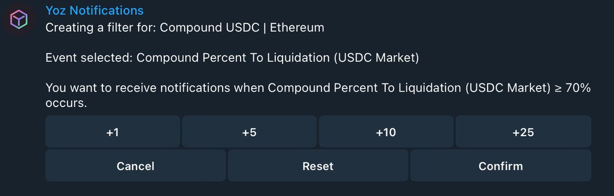 yozlabs's tweet photo. New Feature Alert: Custom Filters for @compoundfinance v3 Liquidation Telegram Notifications for USDC & ETH are LIVE! 🔥

Avoid unwanted liquidations. Get updates that keep you better informed and in control of your assets. Now set your OWN custom liquidation threshold % in Telegram for your specific loan address.

Subscribe here: https://t.co/FqDY2LRi65 https://t.co/Y5mPpgn0nl

To enable:

1️⃣ Click☝🏼links above
2️⃣ Enter your account address
3️⃣ Choose "Telegram" from the dropdown
4️⃣ Connect to the Yoz Telegram Bot
5️⃣ Type "/filters"

👌 It’s that easy!