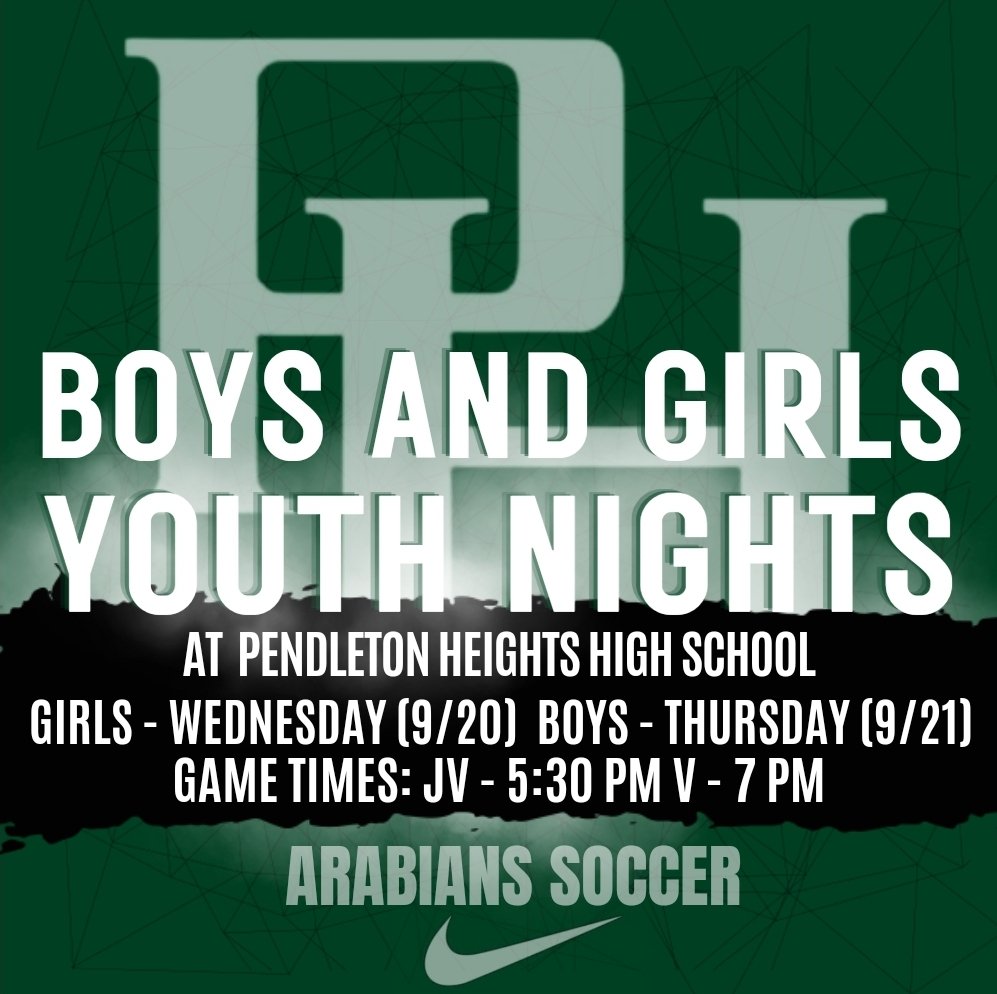 Pendleton_FC's tweet image. PHHS Boys and Girls Soccer YOUTH Nights.

Youth will receive free admission to the game if they are wearing their soccer jersey. 

-Girls YOUTH Night, Wed, 9/20, JV - 5:30 PM, V - 7 PM vs New Palestine HS. 

-Boys YOUTH Night, Thurs, 9/21, JV - 5:30 PM, V - 7 PM vs Mt. Vernon HS.