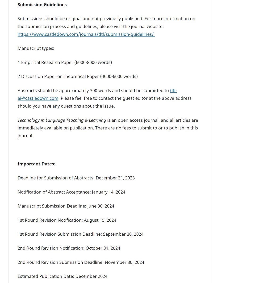 Dr. Bradford J. Lee (@dr_bradfordlee) on Twitter photo I've been invited to be guest editor for a special issue of TLTL (Technology in Language Teaching & Learning - <a href="/castledownpubs/">Castledown Publishers</a>), focused on "AI Technology in Language Education". See the Call for Papers below, or at manuscripts.castledown.com/index.php/tltl… I've been invited to be guest editor for a special issue of TLTL (Technology in Language Teaching & Learning - <a href="/castledownpubs/">Castledown Publishers</a>), focused on "AI Technology in Language Education". See the Call for Papers below, or at manuscripts.castledown.com/index.php/tltl…