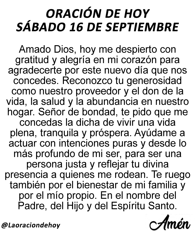 Oración diaria para hoy sábado 16 de septiembre de 2023.