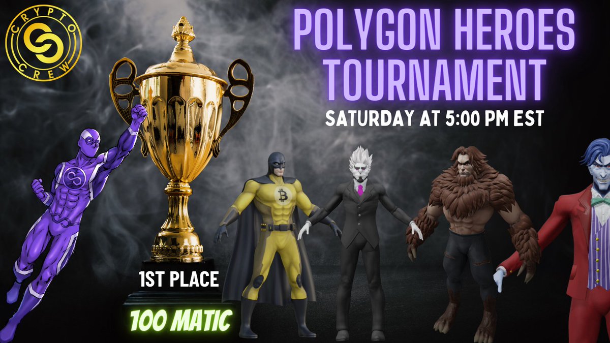 🚨 POLYGON HEROES TOURNAMENT 🚨

Don't miss this exciting first of many tournaments featuring <a href="/cryptocrewnfts/">CRYPTO CREW / Genesis Collection</a> game Polygon Heroes.

We have 8 projects entering 2 contestants each.

These 16 players will vie for prizes, including a 100 MATIC 1st prize from our friends at