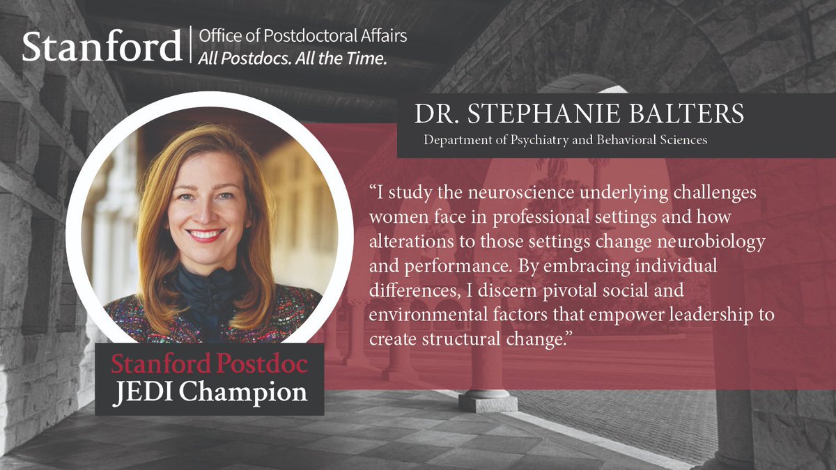@StanfordOPA is honored to introduce postdoctoral scholar, Stephanie Balters, as a member of the #PostdocJEDIChampions2023 cohort! This award recognizes her #JEDI efforts in the empowerment and retention of women scientists. Learn more at: postdocs.stanford.edu/current-postdo….