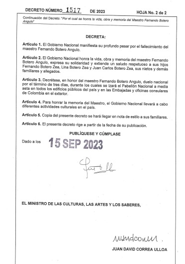 WRadioColombia's tweet photo. #Atención | El Gobierno Nacional decretó 3 días de luto nacional por el fallecimiento del maestro Fernando Botero. https://t.co/7t2lMfhCcq