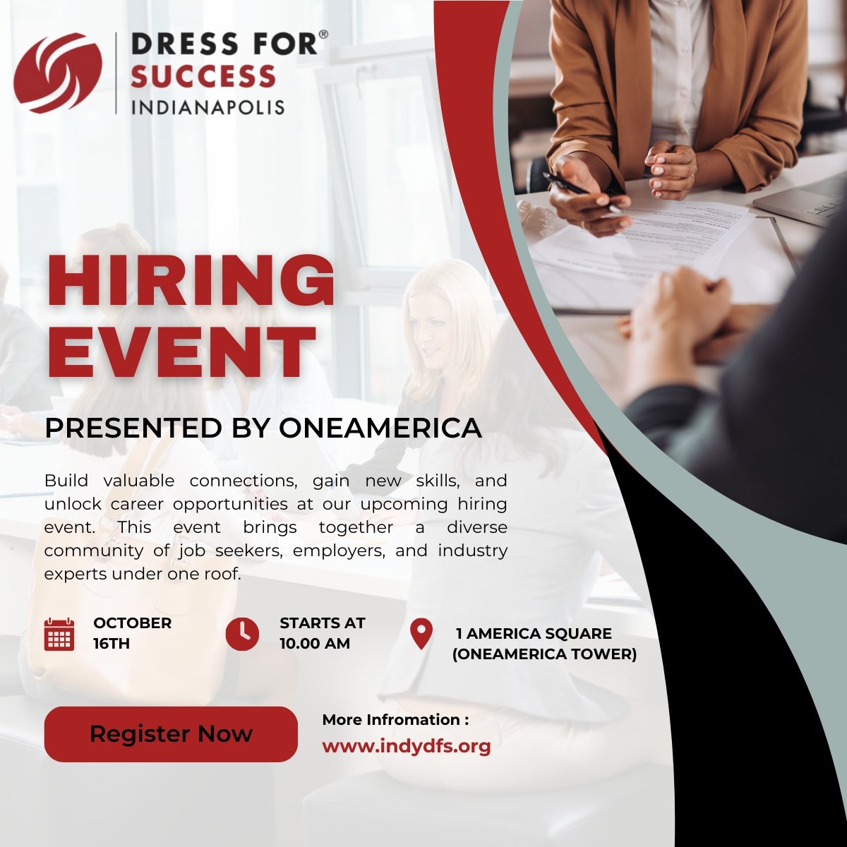 Sign up for our fall hiring event, presented by <a href="/OneAmerica/">OneAmericaFinancial</a>, on October 16th.  Employers will offer onsite interviews.  View participating employers and schedule your interview today at signupgenius.com/go/10C094AA4A9…