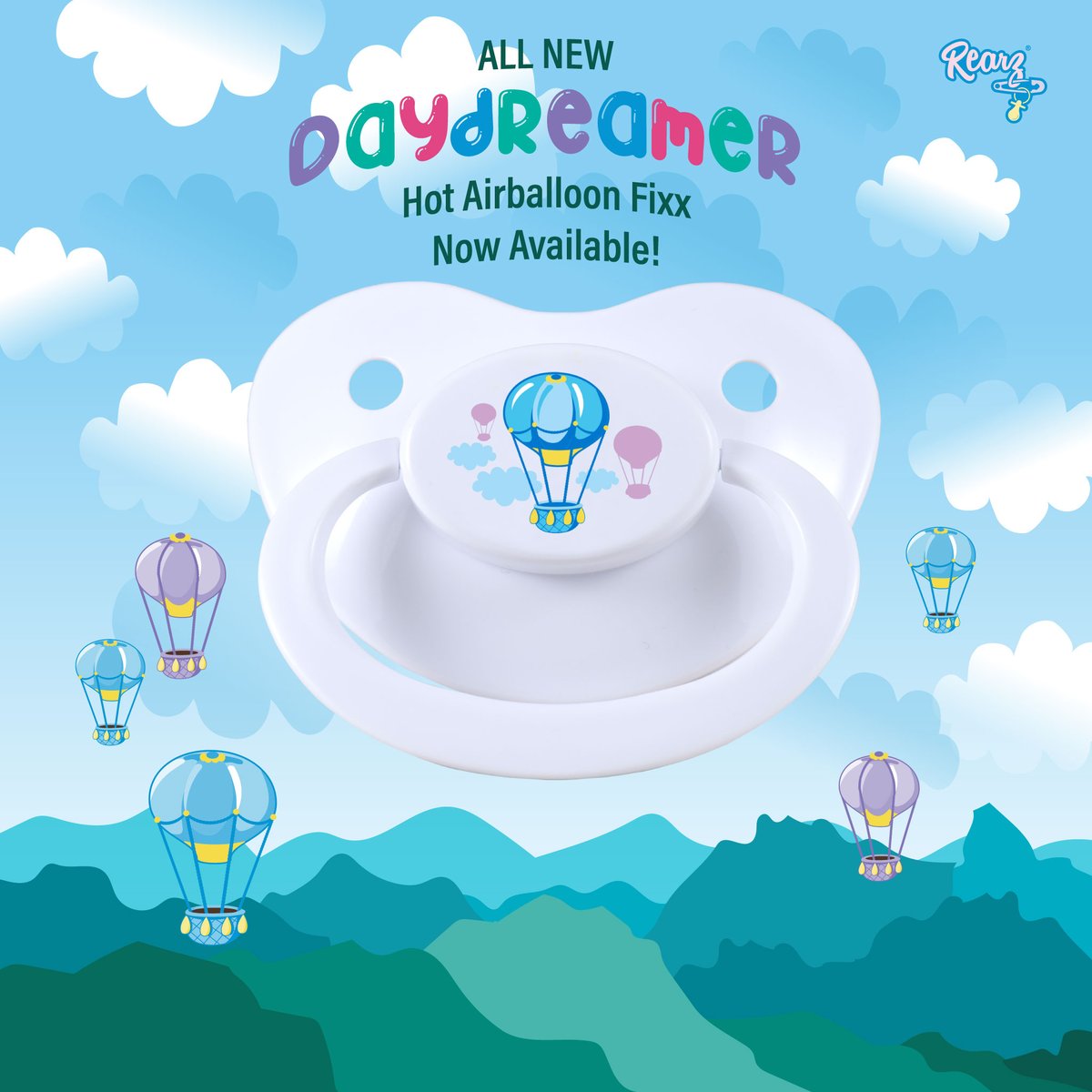 RearzInc's tweet photo. Float away to relaxation with the new Daydreamer Adult Fixx Pacifier, featuring a hot air balloon printed on the button 🎈. Experience the ultimate soothing sensation and drift into tranquility with every use.

https://t.co/gO9hwVaAGg

#adultpacifiers #pacifierlovers #ageplay https://t.co/P4n990eFZM