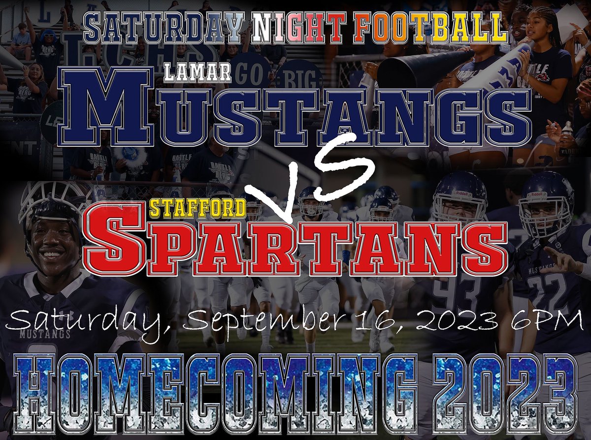 🚨2023 Homecoming Game🚨 All Past, Present, and future Mustangs come out and show your support on our Week 4 Matchup vs the Stafford Spartans. This is our last game before we district play!! Ticket Link gofan.co/event/1014255?… @THELamarCHS @RecruitLamarFB @lamarallsports