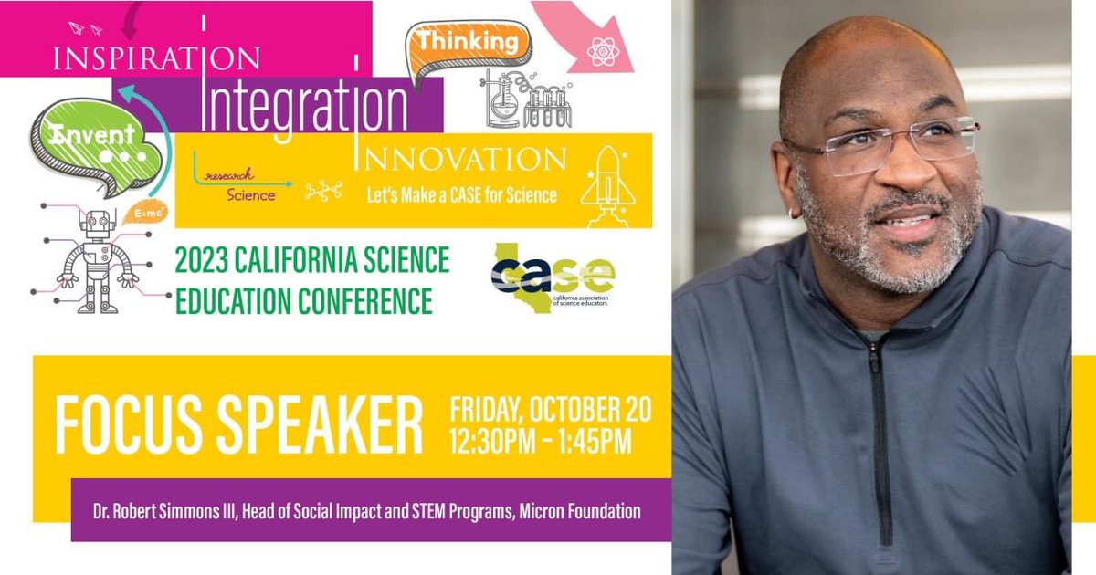 Looking forward to hearing Dr. Robert Simmons III speak at the upcoming 2023 #casience conference. It's going to be a great opportunity to gain valuable insights! Register today - s7.goeshow.com/csta/annual/20… #cascience23 #STEM