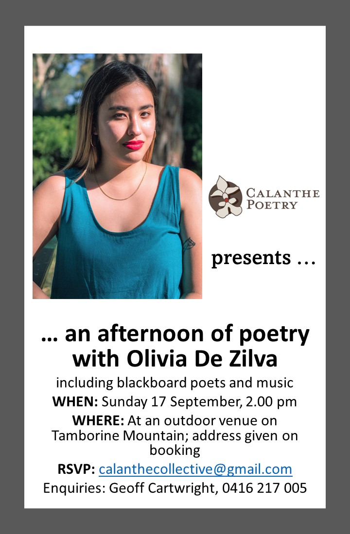 Come up to Tamborine Mountain on Sunday afternoon for a wonderful poetry experience.  Dress up warm!
#OliviaDeSilva #poetryislife #poetry #gardenparty #TamborineMountain #winterwoollies